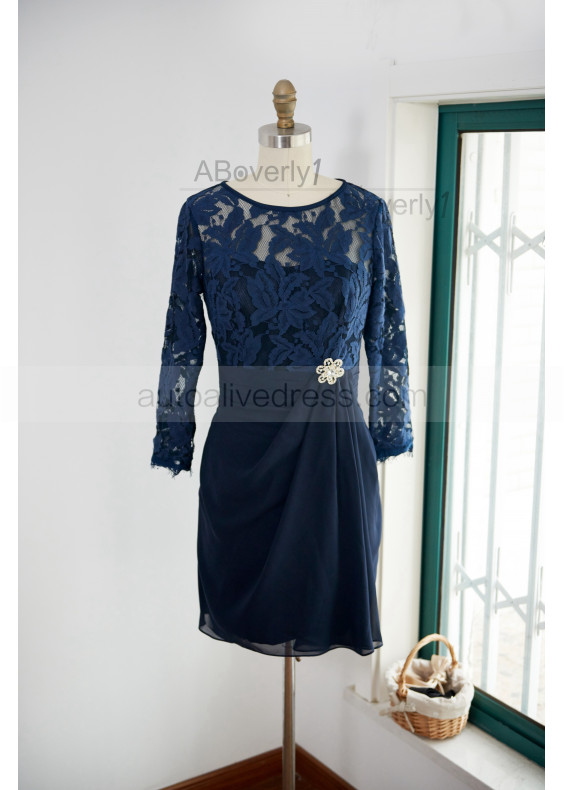 Long Sleeve Navy Blue Lace Chiffon Knee Length Mother Dress